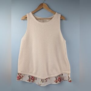LOFT Sleeveless Cream Knit Top with Floral Hem – Size Large